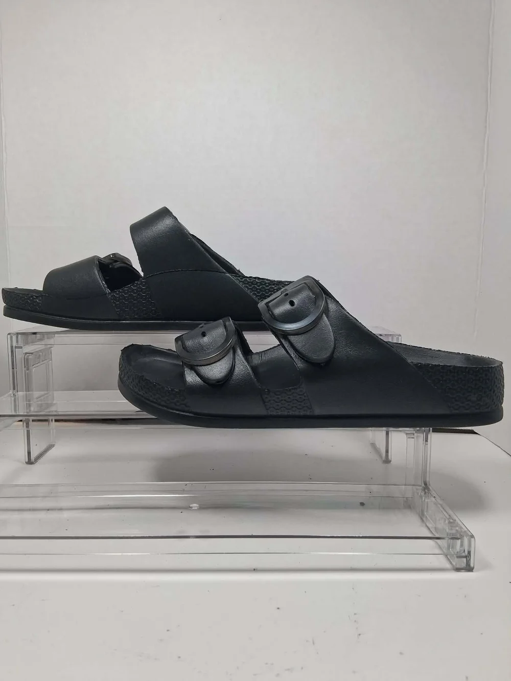 Men's Black Double Buckle Slide Sandals Adjustable Straps Synthetic US 7